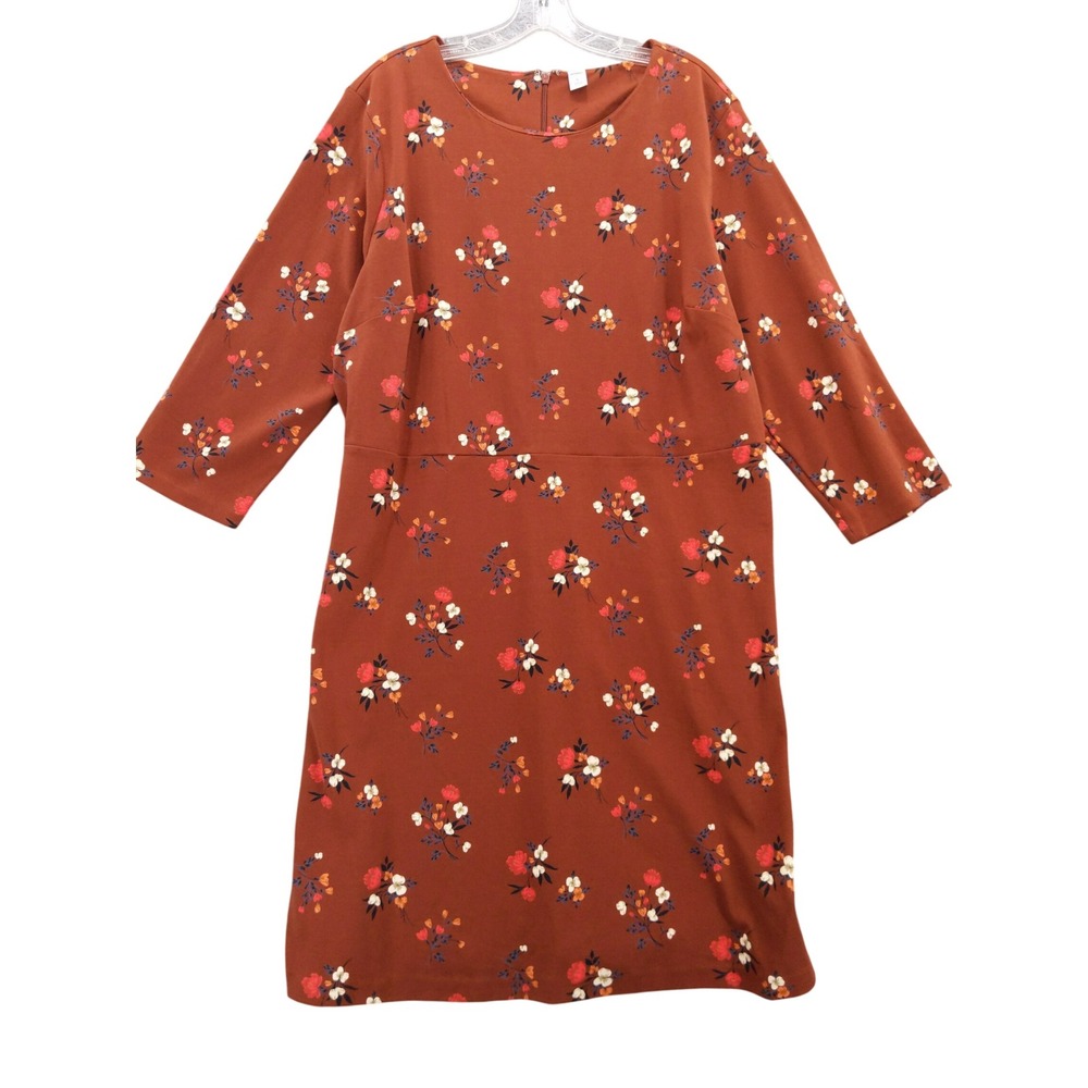 Old Navy XL‎ Floral Print Dress XL Rust Brown Round Neck 3/4 Sleeve